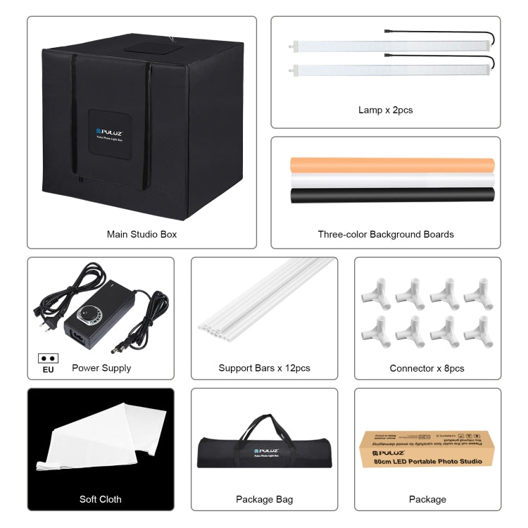 PULUZ 80cm Folding Portable 80W 9050LM White Light Photo Lighting Studio Shooting Tent Box Kit with 3 Colors (Black, White, Orange) Backdrops(EU Plug)