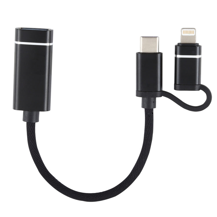 USB 3.0 Female to 8 Pin + USB-C / Type-C Male Charging + Transmission OTG Nylon Braided Adapter Cable, Cable Length: 11cm(Black)