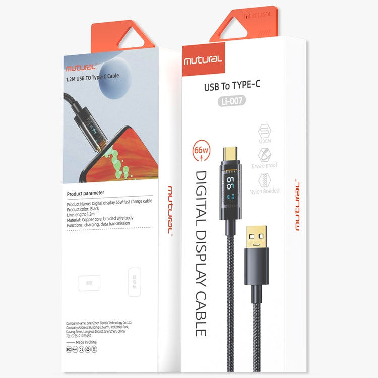 Mutural Li-CC007 1.2m 66W Transparent Digital Display USB to Type-C Charging Data Cable - USB-C & Type-C Cable by Mutural | Online Shopping South Africa | PMC TechLife | Buy Now Pay Later Mobicred
