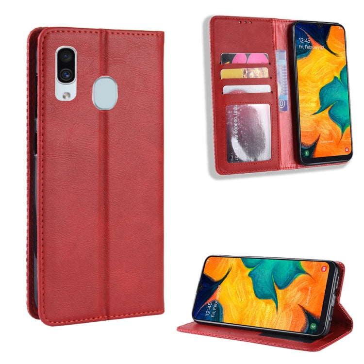 Magnetic Buckle Retro Crazy Horse Texture Horizontal Flip Leather Case for Galaxy A20/A30, with Holder & Card Slots & Photo Frame(Red) - free shipping - PMC TechLife - Order now!