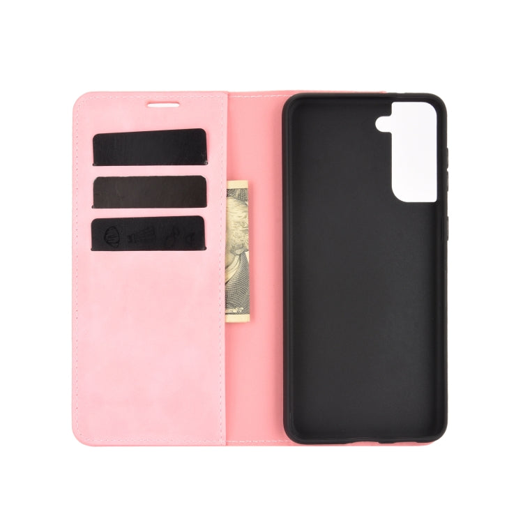 For Samsung Galaxy S21 Plus 5G Retro-skin Business Magnetic Suction Leather Case with Holder & Card Slots & Wallet(Pink)