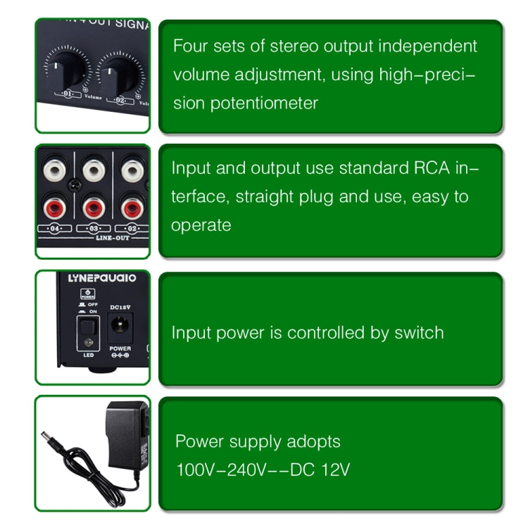 1-In 4-Out Front Stereo Signal Amplifier, Independent Output Volume Adjustment RCA Interface No Loss Allocator, US Plug - by PMC Jewellery | Online Shopping South Africa | PMC Jewellery