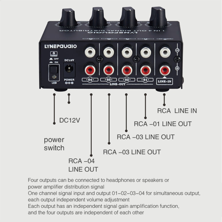 1-In 4-Out Front Stereo Signal Amplifier, Independent Output Volume Adjustment RCA Interface No Loss Allocator, US Plug - by PMC Jewellery | Online Shopping South Africa | PMC Jewellery