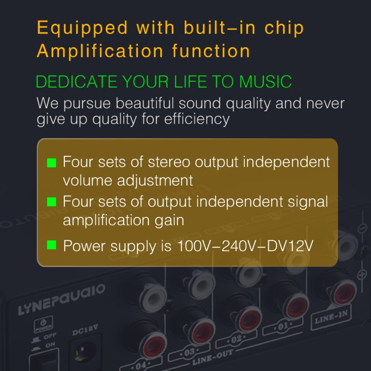 1-In 4-Out Front Stereo Signal Amplifier, Independent Output Volume Adjustment RCA Interface No Loss Allocator, US Plug