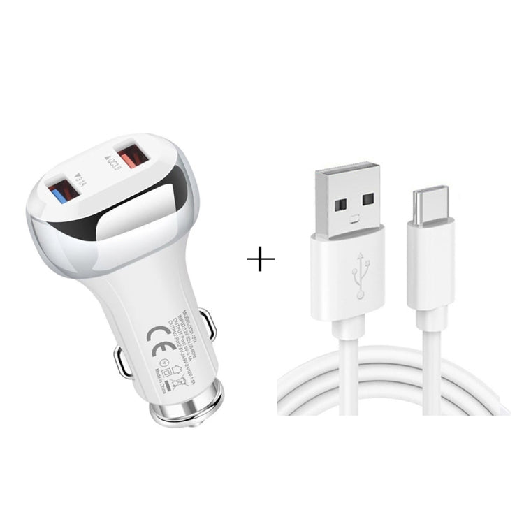 YSY-312 2 in 1 18W Portable QC3.0 Dual USB Car Charger + 1m 3A USB to USB-C / Type-C Data Cable Set(White)