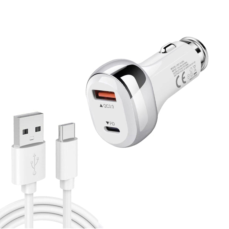 YSY-312PD QC3.0 18W USB + PD 20W USB-C / Type-C Car Charger with USB to USB-C / Type-C Data Cable(White)