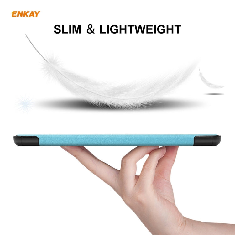 ENKAY PU Leather + Plastic Case with Three-folding Holder for Samsung Galaxy Tab A7 Lite T220 / T225(Light Blue)