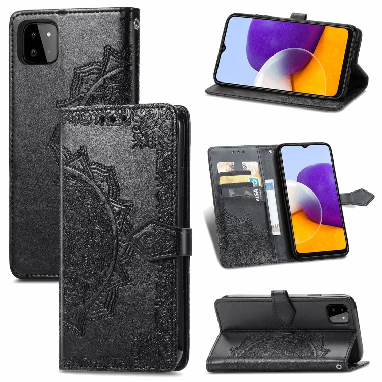 For Samsung Galaxy A22 5G Mandala Embossing Pattern Horizontal Flip Leather Case with Holder & Card Slots & Wallet & Lanyard(Black)