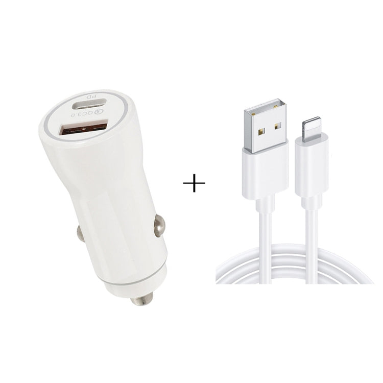 P21 PD 20W USB-C / Type-C + QC3.0 18W USB Fast Car Charger with USB to 8 Pin Data Cable Set(White)