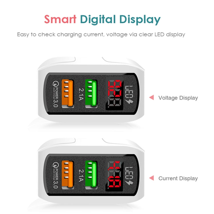 F002C QC3.0 USB + USB 2.0 LED Digital Display Fast Charger with USB to 8 Pin Data Cable, US Plug(Black)