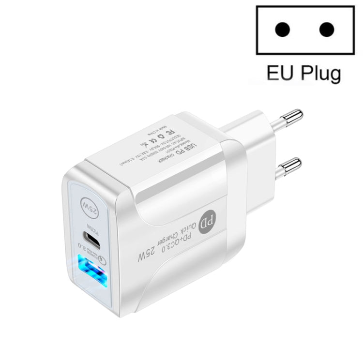 PD25W USB-C / Type-C + QC3.0 USB Dual Ports Fast Charger, EU Plug(White)