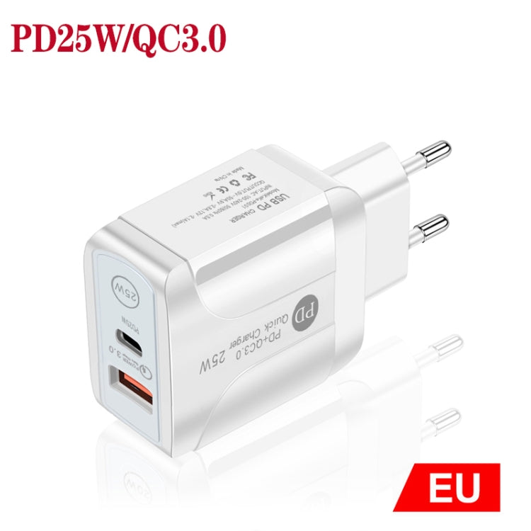 PD25W USB-C / Type-C + QC3.0 USB Dual Ports Fast Charger, EU Plug(White)