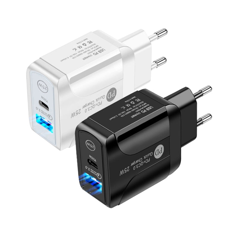PD25W USB-C / Type-C + QC3.0 USB Dual Ports Fast Charger, EU Plug(White)