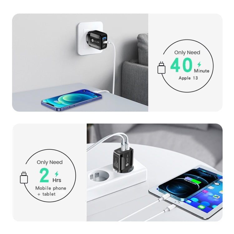 PD25W USB-C / Type-C + QC3.0 USB Dual Ports Fast Charger, EU Plug(White)