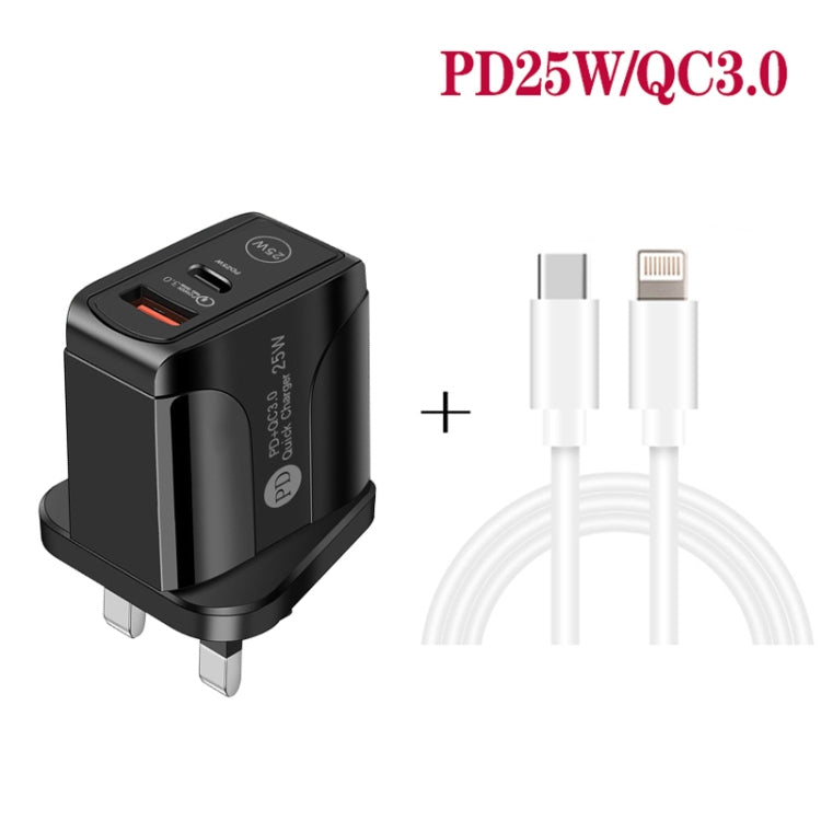 PD25W USB-C / Type-C + QC3.0 USB Dual Ports Fast Charger with USB-C to 8 Pin Data Cable, UK Plug(Black)