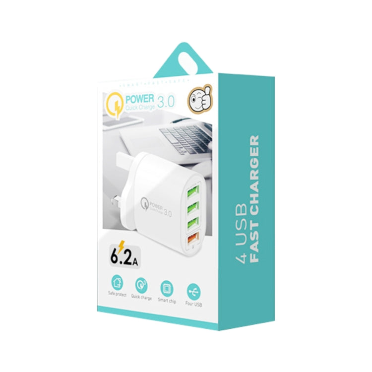 QC-04 QC3.0 + 3 x USB 2.0 Multi-ports Charger for Mobile Phone Tablet, UK Plug(White) - free shipping - PMC TechLife - Order now!