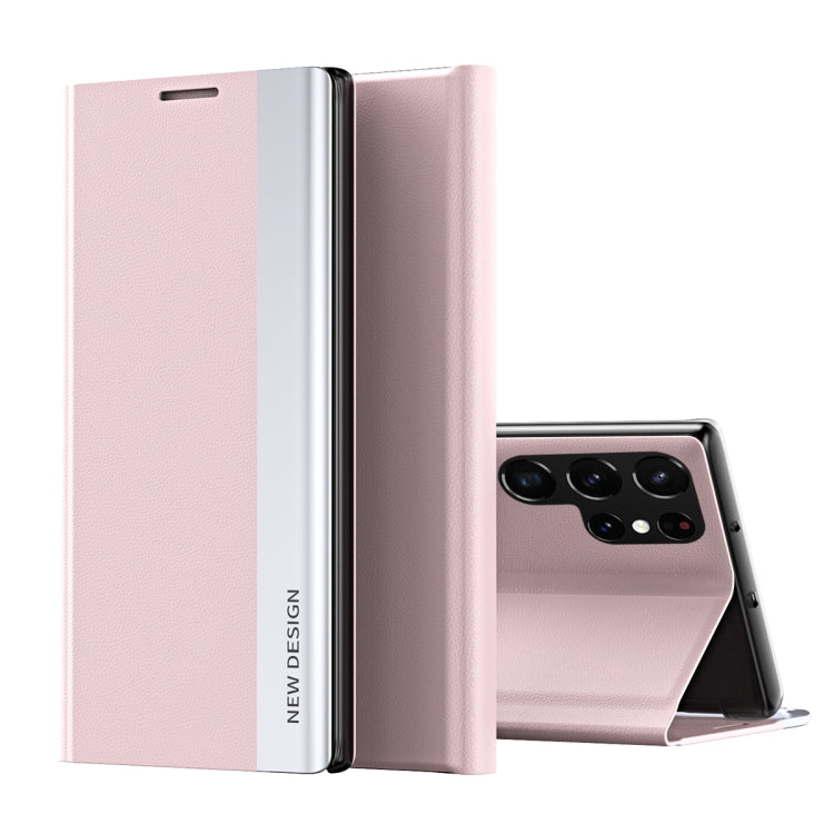 For Samsung Galaxy S22 Ultra 5G Side Electroplated Magnetic Ultra-Thin Horizontal Flip Leather Case with Holder(Pink) - free shipping - PMC Jewellery - Order now!