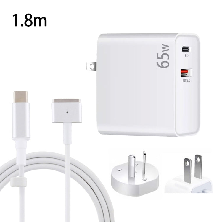 PD-65W USB-C / Type-C + QC3. 0 USB Laptop Charging Adapter + 1.8m USB-C / Type-C to MagSafe 2 / T Head Data Cable, AU Plug / US Plug(White)