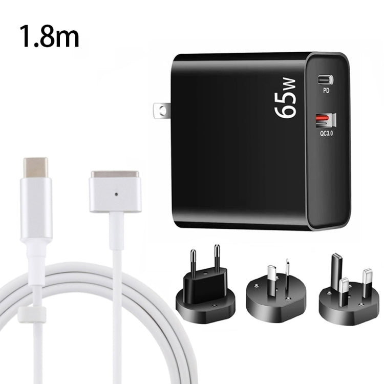 PD-65W USB-C / Type-C + QC3. 0 USB Laptop Charging Adapter + 1.8m USB-C / Type-C to MagSafe 2 / T Head Data Cable, EU Plug / AU Plug / UK Plug / US Plug(Black)