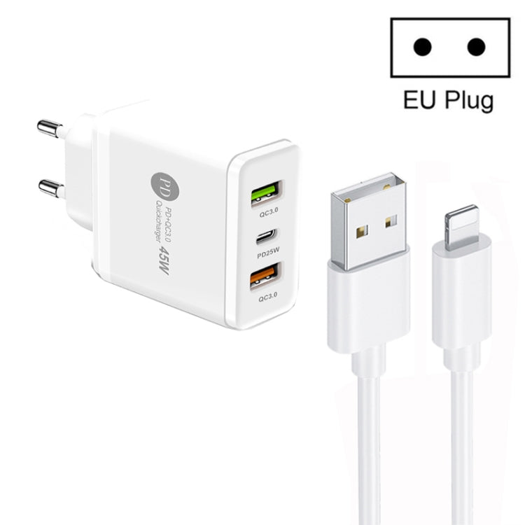 45W PD25W + 2 x QC3.0 USB Multi Port Charger with USB to 8 Pin Cable, EU Plug(White)