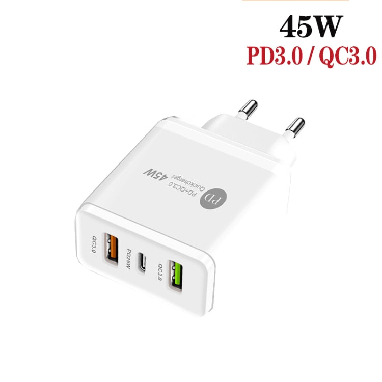 45W PD25W + 2 x QC3.0 USB Multi Port Charger with USB to 8 Pin Cable, EU Plug(White)