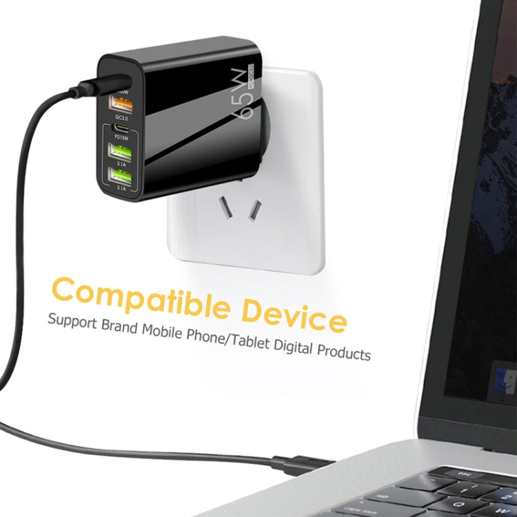65W Dual PD Type-C + 3 x USB Multi Port Charger with 3A USB to 8 Pin Data Cable, EU Plug(Black)