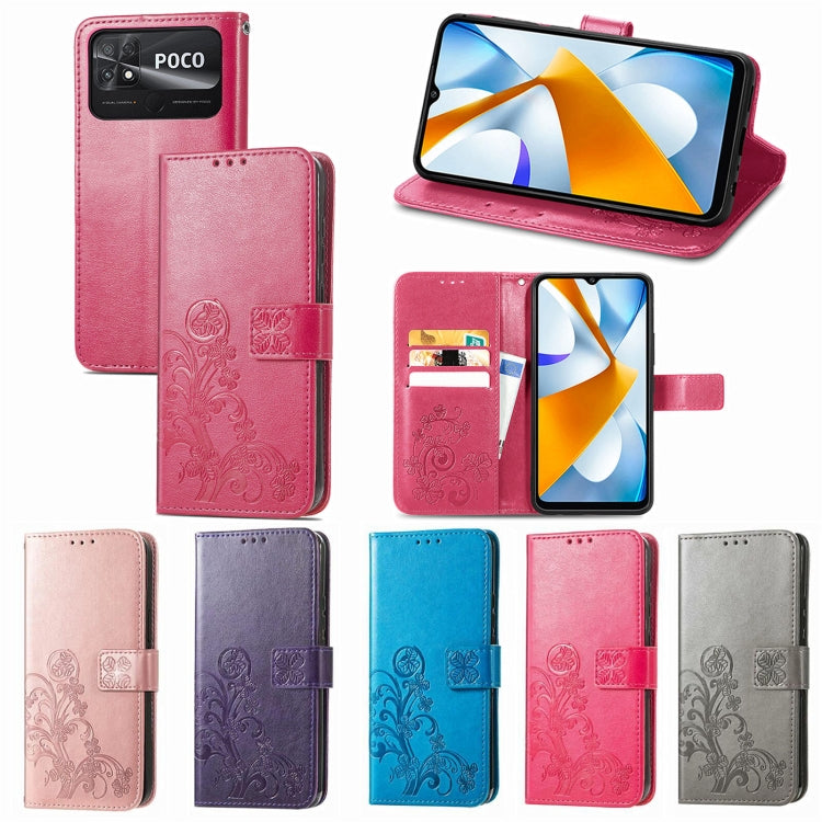 For Xiaomi Poco C40 Four-leaf Clasp Embossed Buckle Leather Phone Case(Blue) - free shipping - PMC TechLife - Order now!