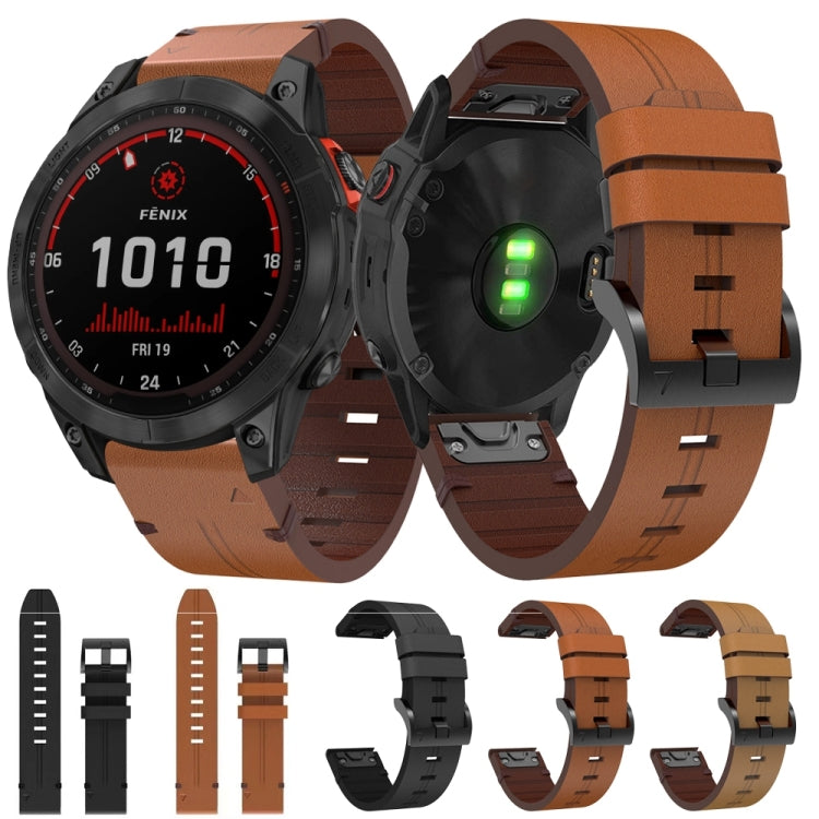 For Garmin Fenix 7 Solar 22mm Leather Steel Buckle Watch Band (Light Brown)