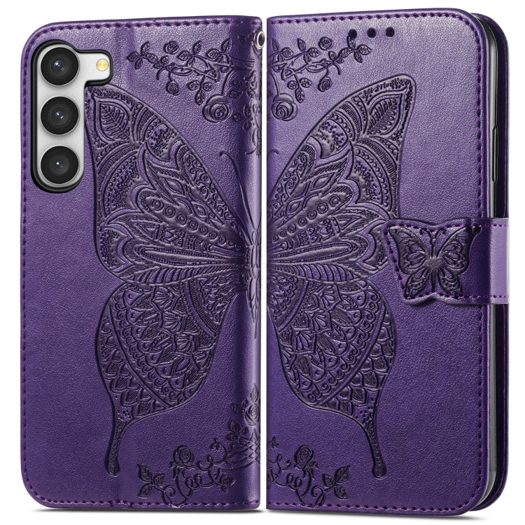 For Samsung Galaxy S23 Ultra 5G Butterfly Love Flower Embossed Leather Phone Case(Purple)
