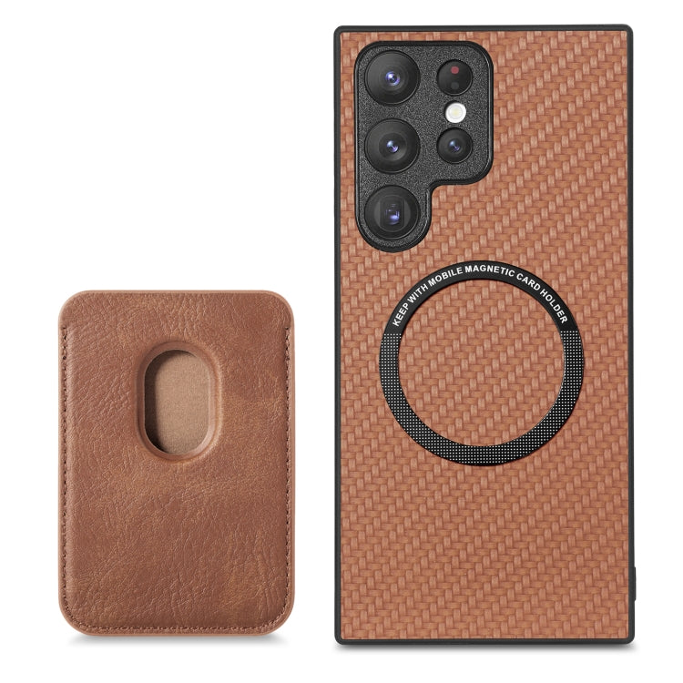 For Samsung Galaxy S22 Ultra 5G Carbon Fiber Leather Card Magsafe Magnetic Phone Case(Brown)