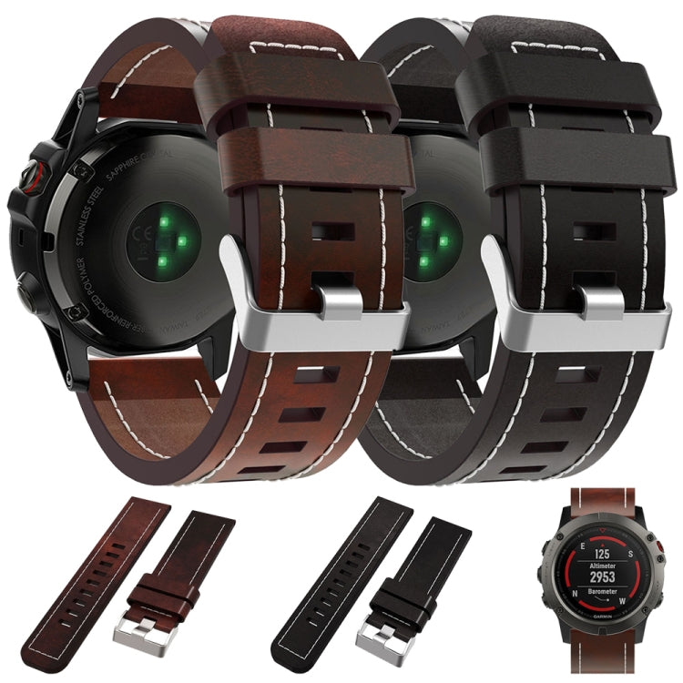 For Garmin Fenix 6X Sapphire 26mm Sewing Leather Steel Buckle Watch Band(Red Brown)