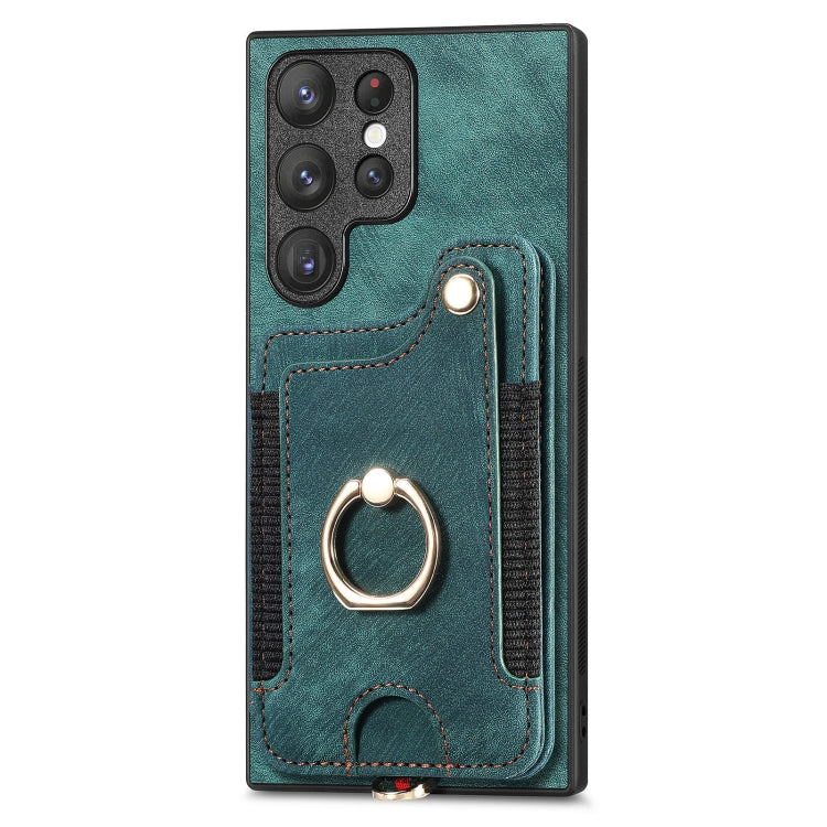 For Samsung Galaxy S22 Ultra 5G Retro Skin-feel Ring Multi-card Wallet Phone Case(Green)