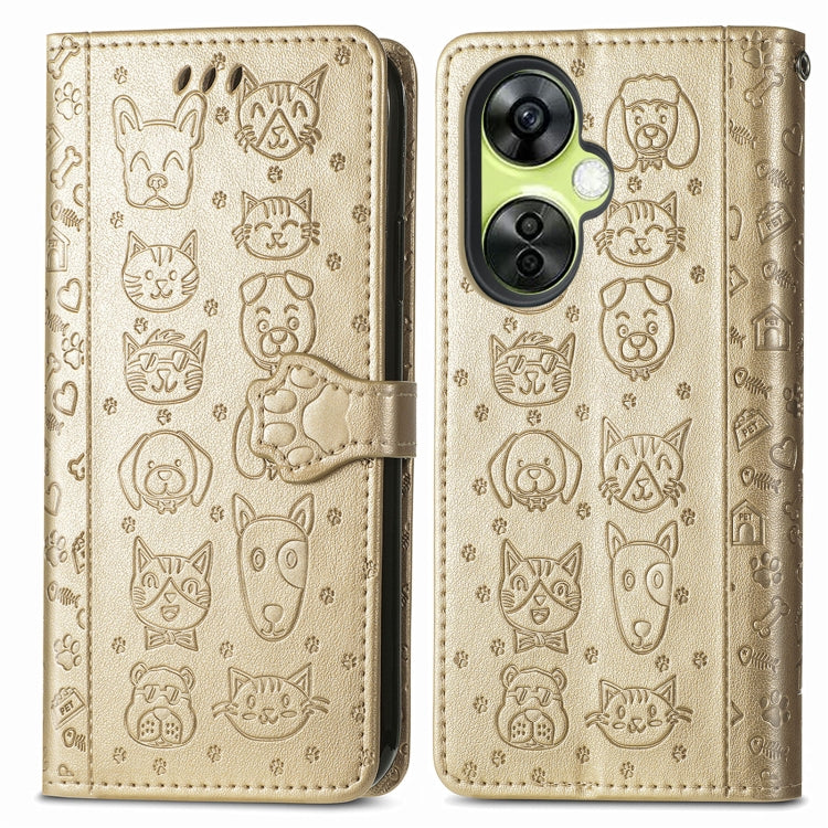 For OnePlus Nord CE 3 Lite Cat and Dog Embossed Leather Phone Case(Gold)