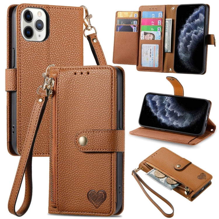 For iPhone 11 Pro Love Zipper Lanyard Leather Phone Case(Brown)