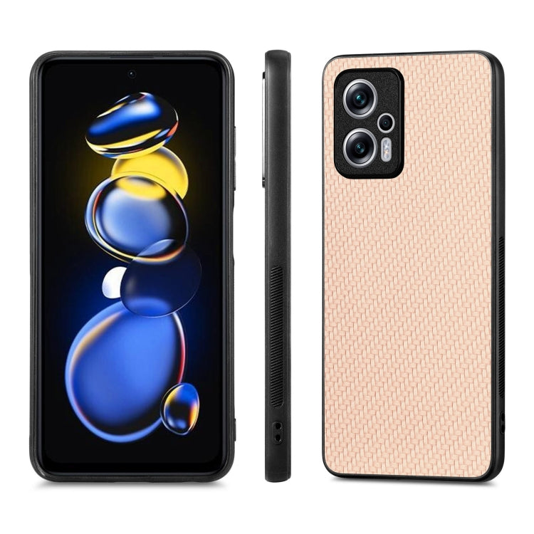 For Redmi Note 11T Pro 5G Carbon Fiber Texture Leather Back Cover Phone Case(Khaki)