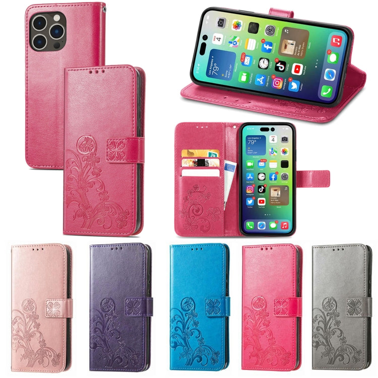 For iPhone 15 Pro Four-leaf Clasp Embossed Buckle Leather Phone Case(Rose Gold) - iPhone 15 Pro Cases by PMC TechLife | Online Shopping South Africa | PMC TechLife
