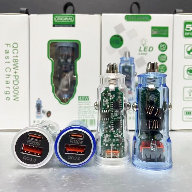 P35 48W PD30W + QC3.0 18W USB Transparent Car Charger with Type-C to 8 Pin Phone Data Cable(Transparent) - Car Charger by PMC TechLife | Online Shopping South Africa | PMC TechLife