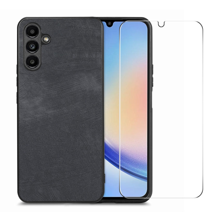 For Samsung Galaxy A34 5G ENKAY Retro Leather Skin PC Phone Case with High Aluminum-silicon Glass Film(Black)