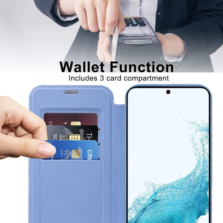 For Samsung Galaxy S22 5G Shield Magsafe RFID Anti-theft Rhombus Leather Phone Case(Blue)