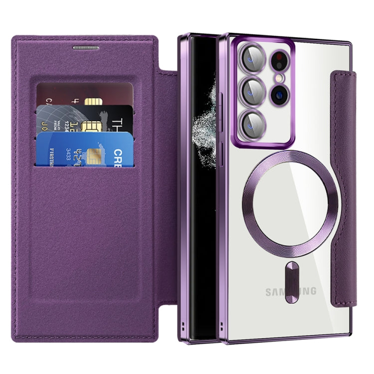 For Samsung Galaxy S22 Ultra 5G Shield MagSafe RFID Anti-theft Rhombus Leather Phone Case(Purple)
