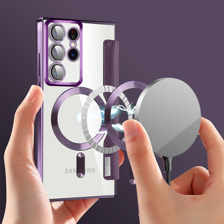 For Samsung Galaxy S22 Ultra 5G Shield MagSafe RFID Anti-theft Rhombus Leather Phone Case(Purple)
