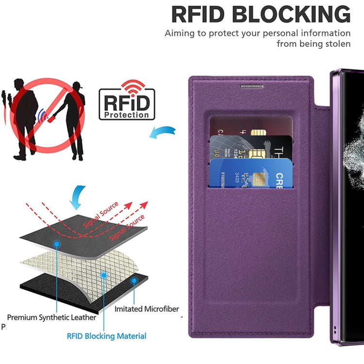 For Samsung Galaxy S22 Ultra 5G Shield MagSafe RFID Anti-theft Rhombus Leather Phone Case(Purple)