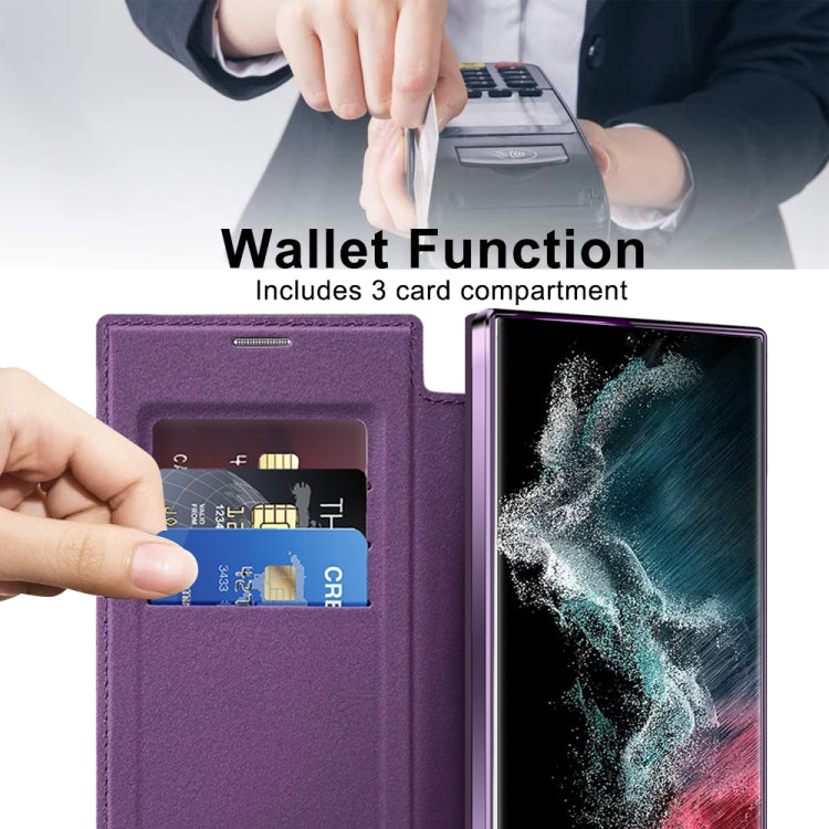 For Samsung Galaxy S22 Ultra 5G Shield MagSafe RFID Anti-theft Rhombus Leather Phone Case(Purple)