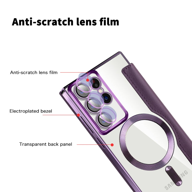 For Samsung Galaxy S22 Ultra 5G Shield MagSafe RFID Anti-theft Rhombus Leather Phone Case(Purple)