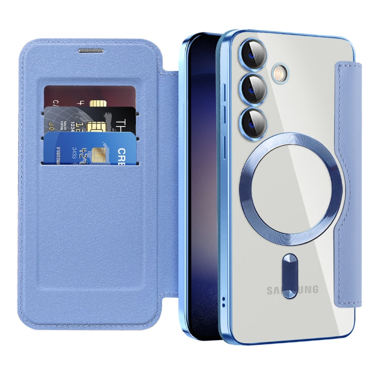 For Samsung Galaxy S24 5G Shield MagSafe RFID Anti-theft Rhombus Leather Phone Case(Blue)