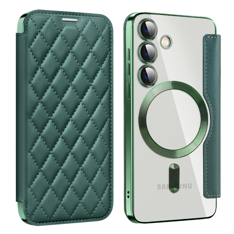For Samsung Galaxy S24 5G Shield Magsafe RFID Anti-theft Rhombus Leather Phone Case(Green)