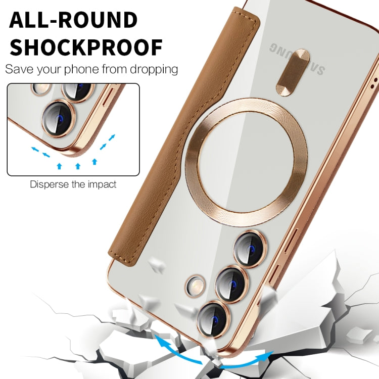 For Samsung Galaxy S24 5G Shield Magsafe RFID Anti-theft Rhombus Leather Phone Case(Brown)