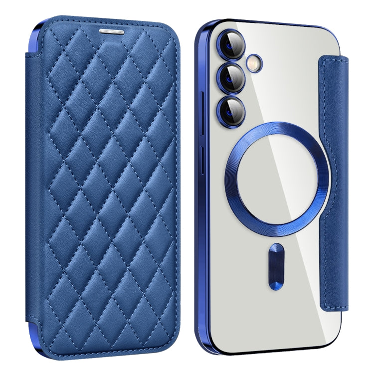 For Samsung Galaxy S23 FE 5G Shield MagSafe RFID Anti-theft Rhombus Leather Phone Case(Dark Blue)