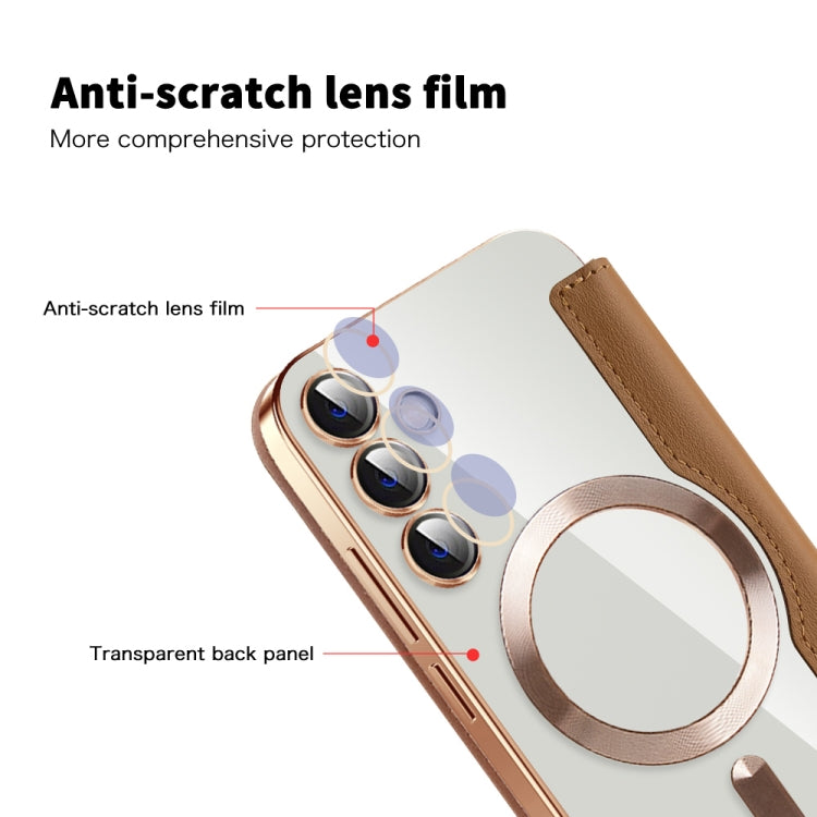 For Samsung Galaxy S23 FE 5G Shield Magsafe RFID Anti-theft Rhombus Leather Phone Case(Brown) - Galaxy S23 FE 5G Cases by PMC TechLife | Online Shopping South Africa | PMC TechLife