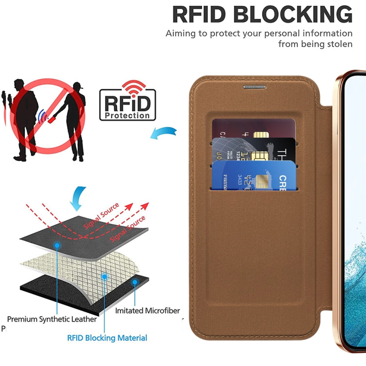 For Samsung Galaxy S22 5G Shield MagSafe RFID Anti-theft Leather Phone Case(Brown)